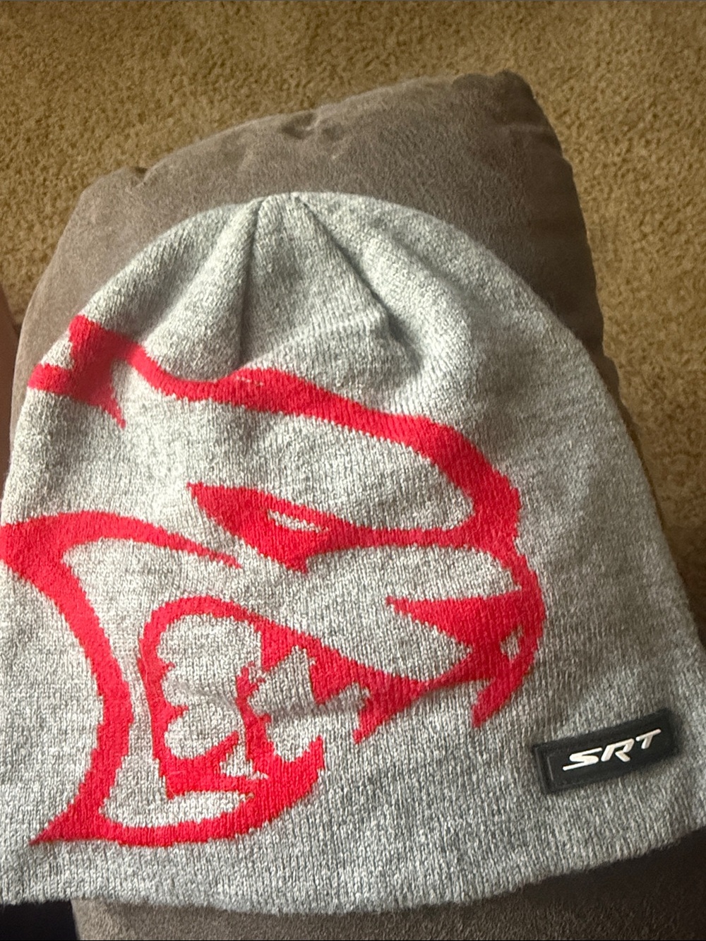 Men's Gray Knit Beanie with Red Graphic